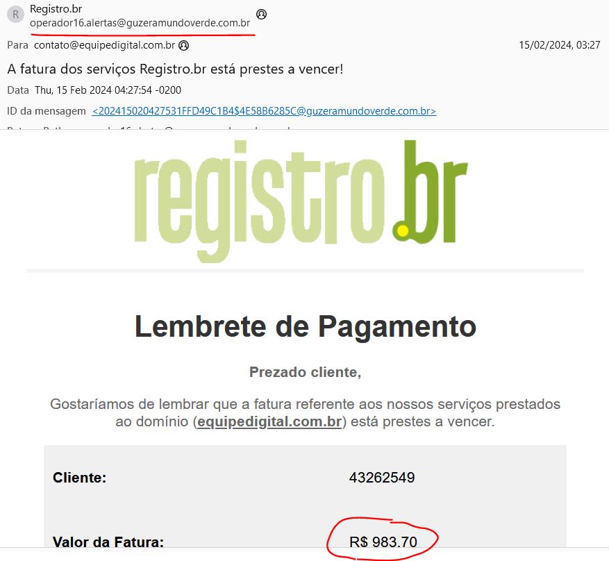 Exemplo de boleto falso de renovação de domínio de site simulando uma cobrança do Registro.br